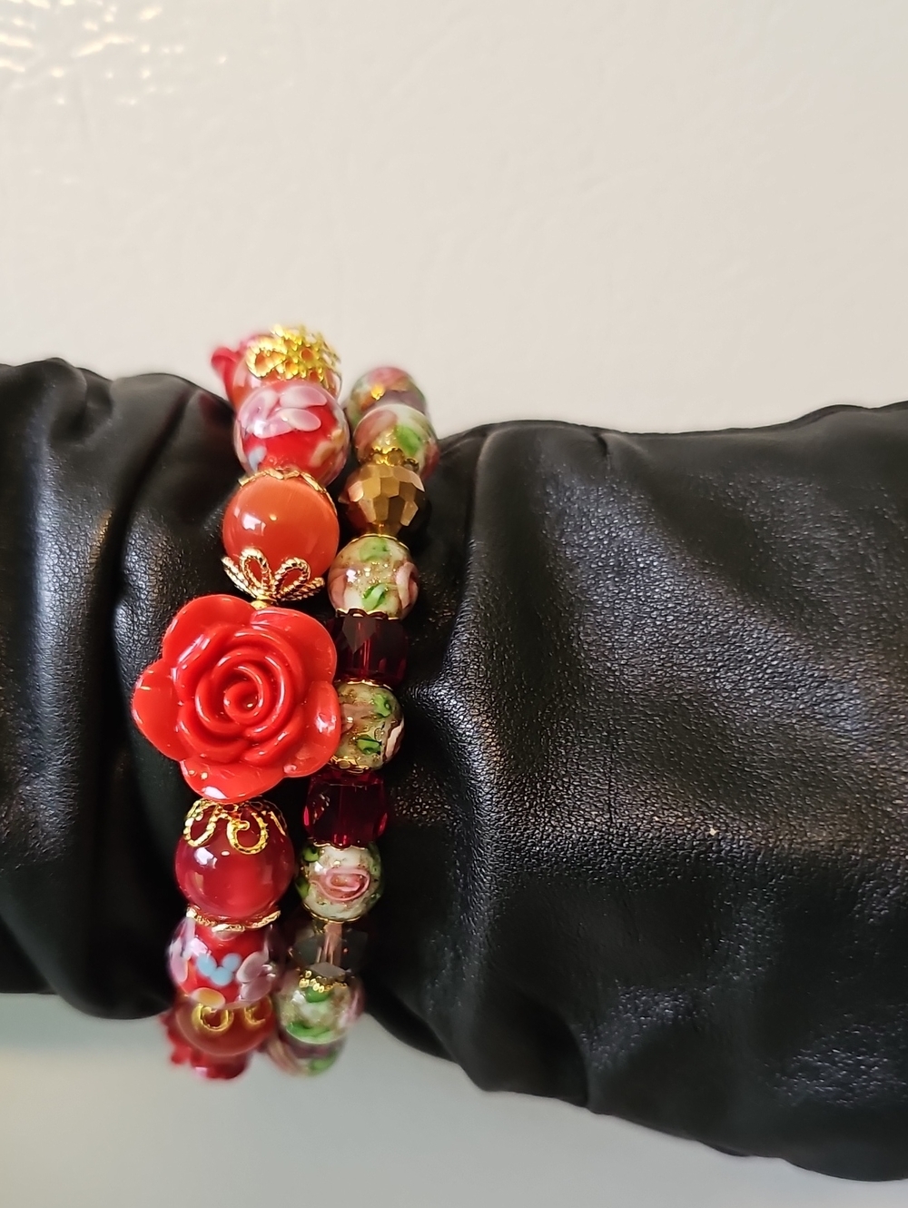 Red Floral Bead Bracelet Stack with Rose Accent